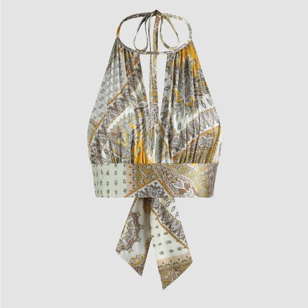 Cider Paisley Halter Crop Top - Yellow and Gray